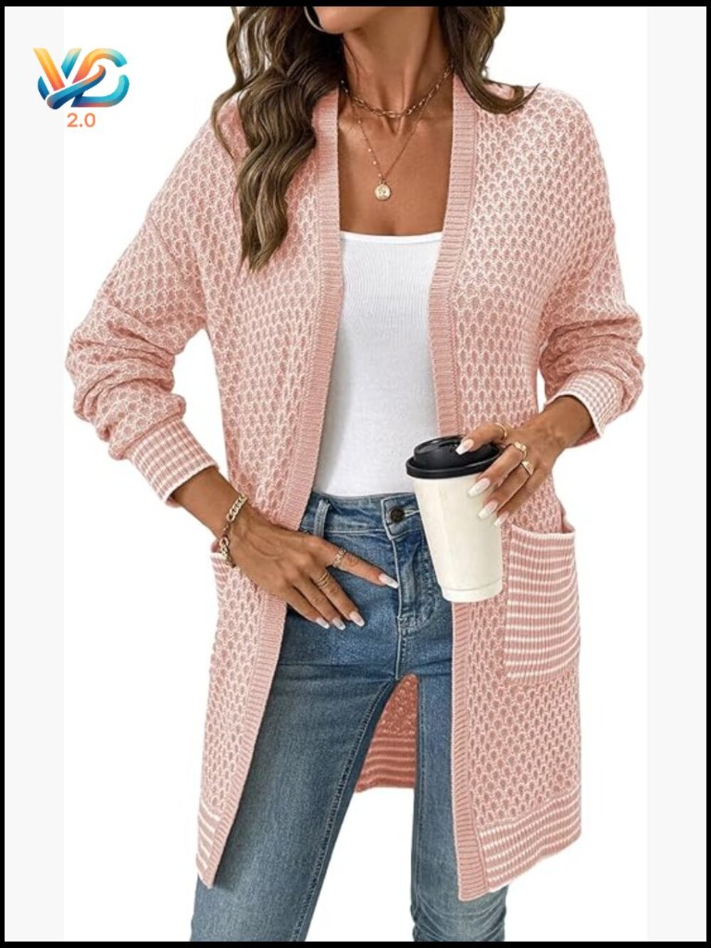Chunky Hexagon Knit Open Front Cardigan Sweater Coat Long Sleeve Fall Outfits